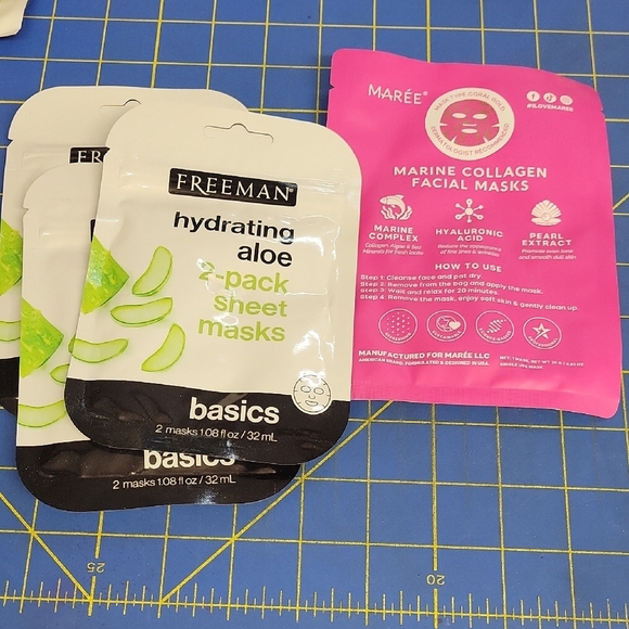 Variety of Sheet Masks Freeman Aloe x 3, & Maree Collagen Mask 1 = 7 masks New - Picture 1 of 5